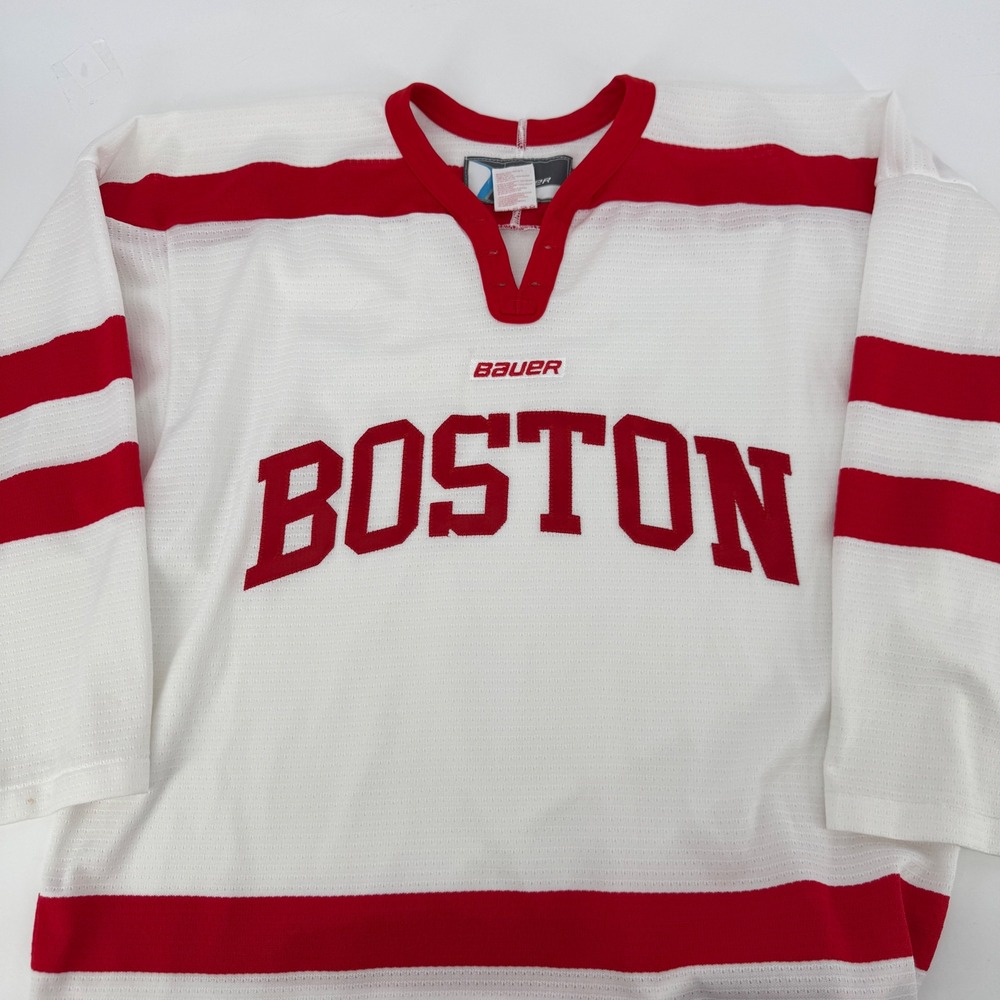 Bauer Boston Hockey Jersey Mens Medium White Red Striped NCAA Made in Canada